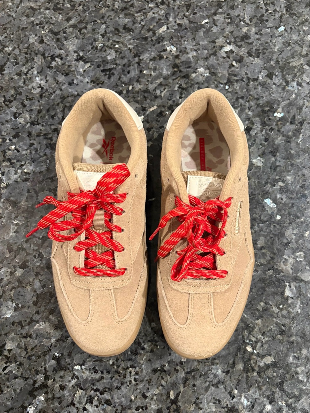 Reebok Women's Tan Suede Sneakers with Red Laces